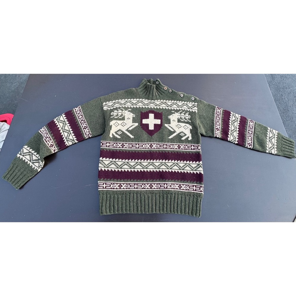 Polo Ralph Lauren Hand Knit Wool Reindeer Sweater Mens L Green Fair Isle Nordic